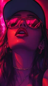 Neon lit close up of woman in cap and reflective glasses.