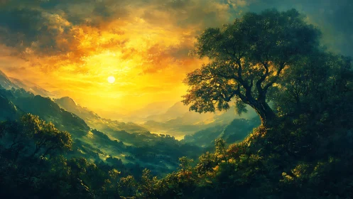 Sunlit valley landscape with high-contrast atmospheric perspective