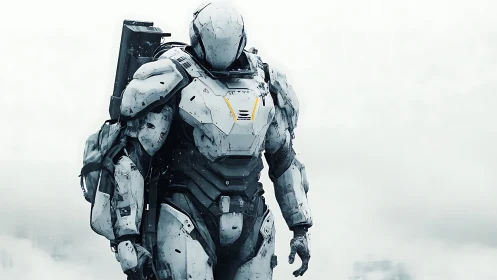 Heavily armored white humanoid combat mech in foggy wasteland