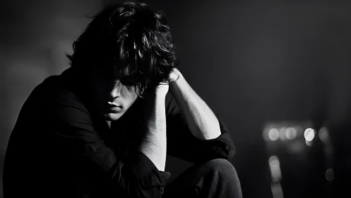 Pensive young man in moody black and white portrait.
