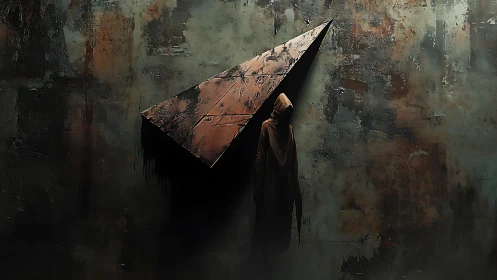 Hooded wanderer beneath a rusted wing of shadowed metal.