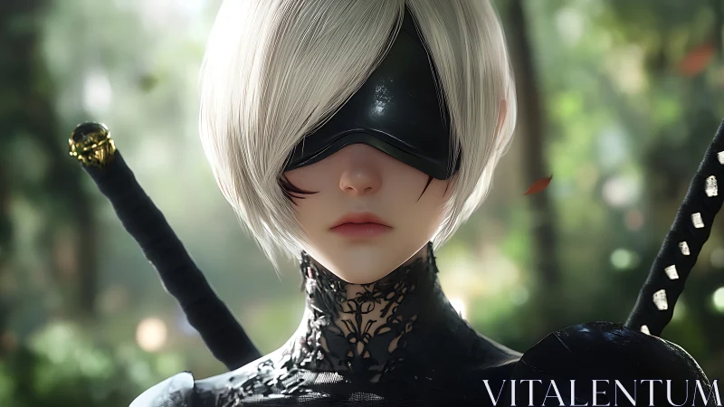 White haired blindfolded swordswoman in forest setting.