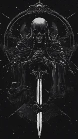 Grim reaper guardian rests hands on a gleaming cosmic sword