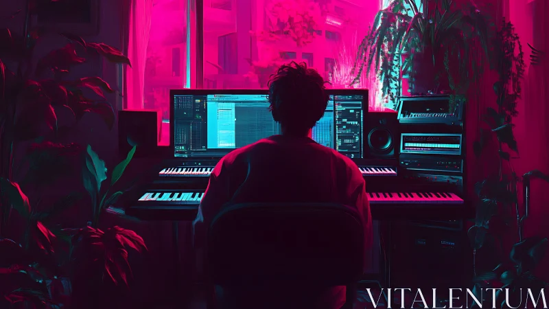 Neon home studio glow with a focused late night beatmaker.