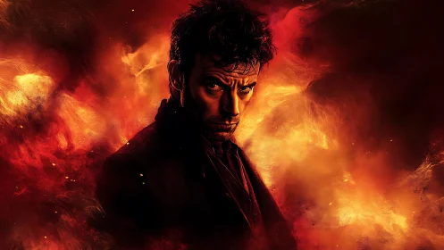 Male figure in dark clothing amid orange fire clouds.