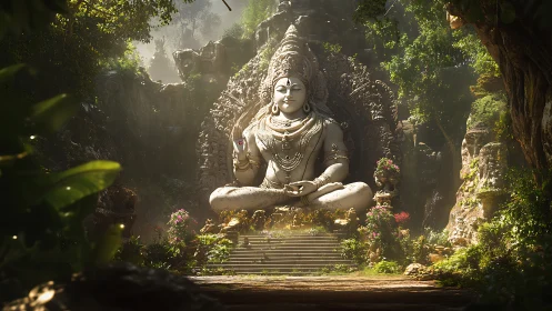 Sunlit jungle sanctuary with serene stone deity statue.
