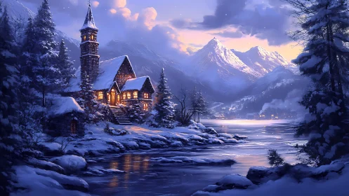 Snow-covered riverside chapel stands below illuminated mountains