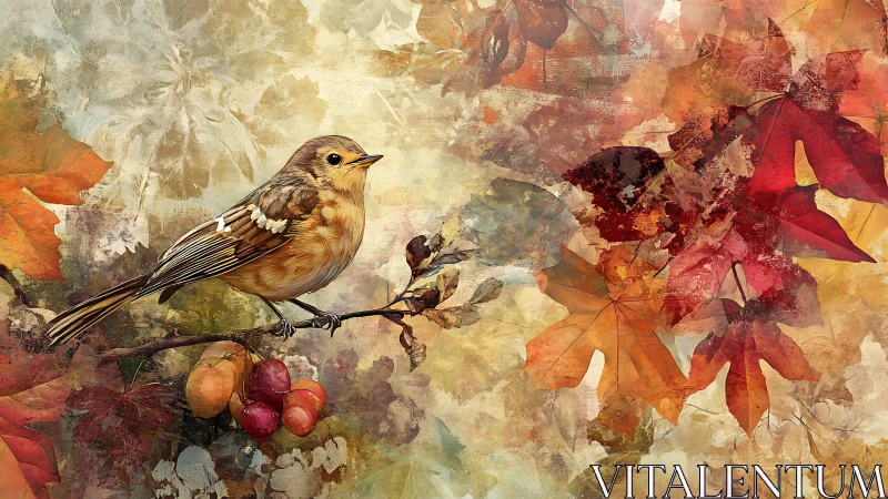 Songbird on autumn branch amid textured painted leaves.