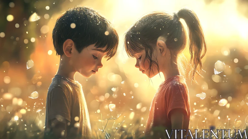 Two children meeting in a sunlit field with floating particles