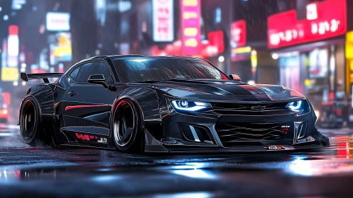 Widebody black muscle car in neon-lit rainy urban street scene