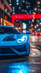 Neon blue supercar prowls rain-bright cyber city streets.