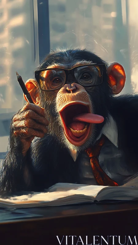 Chimpanzee in office attire holding pen at open notebook.