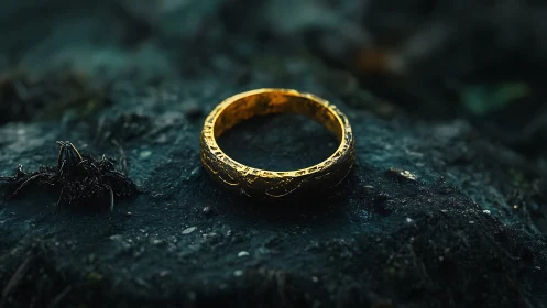 Gold ring with engraved script resting on wet stone surface