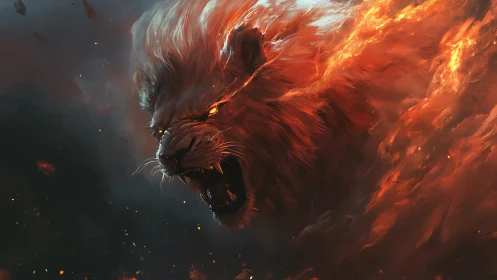 Flaming lion head roaring through swirling inferno storm.