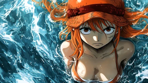 Determined anime swimmer emerging through turbulent ocean waters.