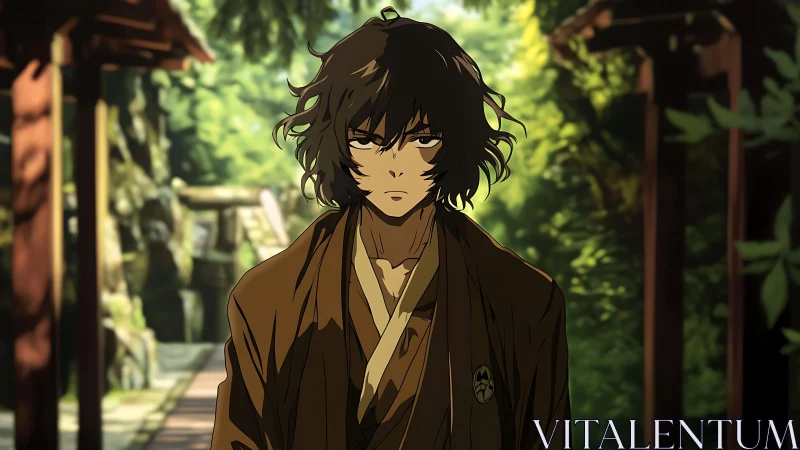 Stoic wanderer in forest shrine walkway at golden hour.