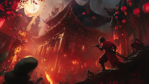 Martial figure in burning temple under full moon light.