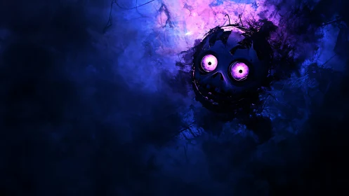 Glowing purple skull face emerges from swirling cosmic mist