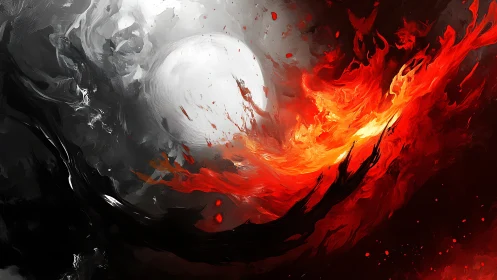 Fiery red comet dancing around a calm glowing moon.