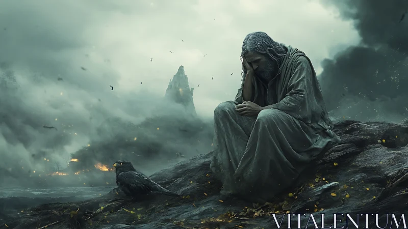 Storm weary wanderer pauses in quiet sorrow on dark shore