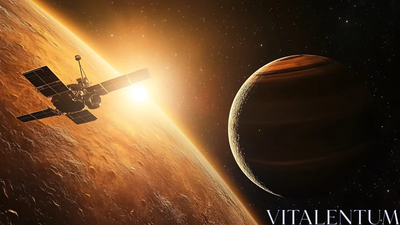 Solar sentinel glides above alien world at burning dawn.