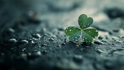 Green clover leaf with raindrops on wet dark stone surface.