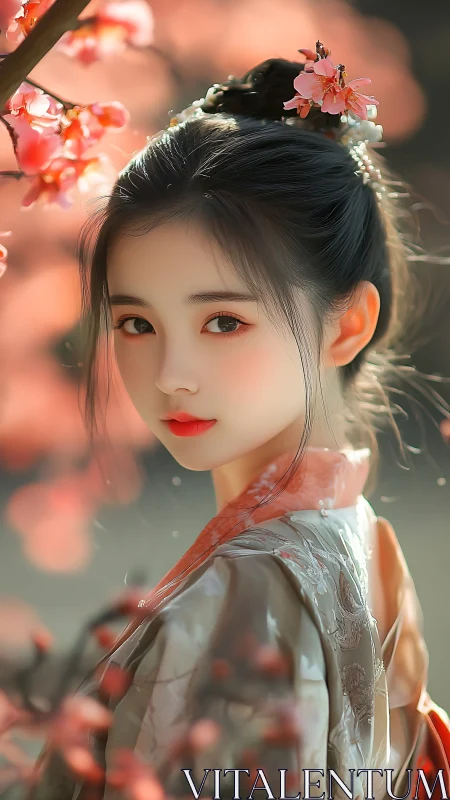Young woman in hanfu among soft-focus blossom branches.