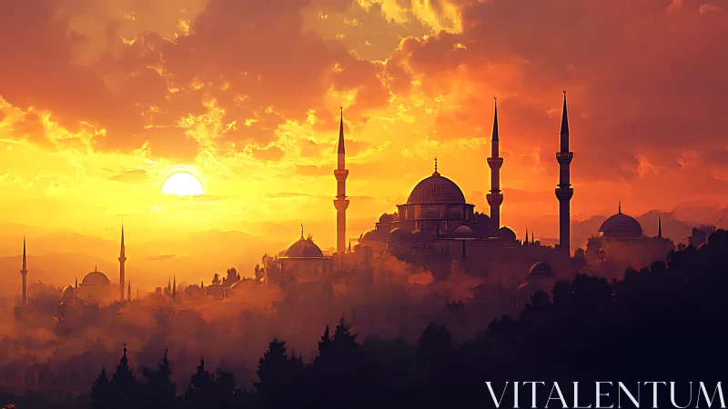 Sunlit domed skyline with slender minarets in hazy orange dusk