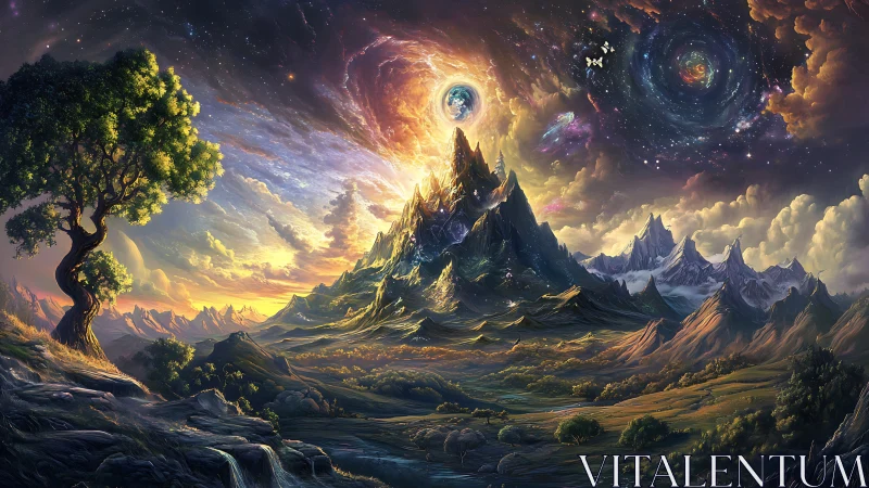 Mountain landscape under cosmic sky with swirling galaxies