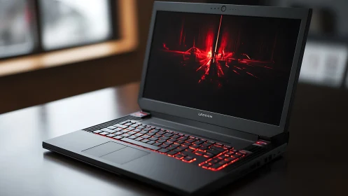Gaming laptop glows with red backlit keyboard and screen art.