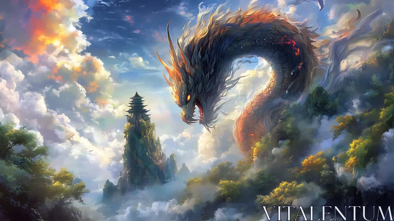 Mythic sky dragon guarding misty mountain temple realm.