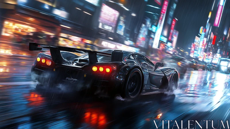 Supercar drifts through neon-soaked rain on futurist city street