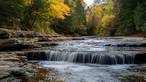 Stepped forest waterfall captured with long-exposure precision