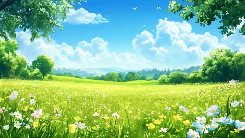 Sunlit wildflower meadow under cumulus cloud summer sky