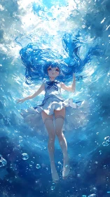 Blue haired schoolgirl drifting upward through sunlit sea dream.