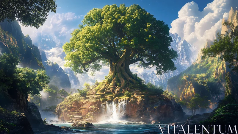 Ancient sky-bent world tree cradles waterfalls and mist light