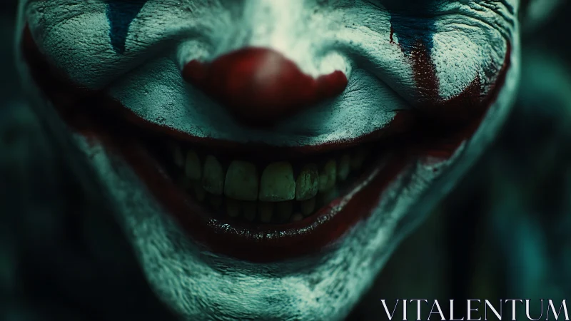 Sinister clown smile reveals cracked paint and decay.