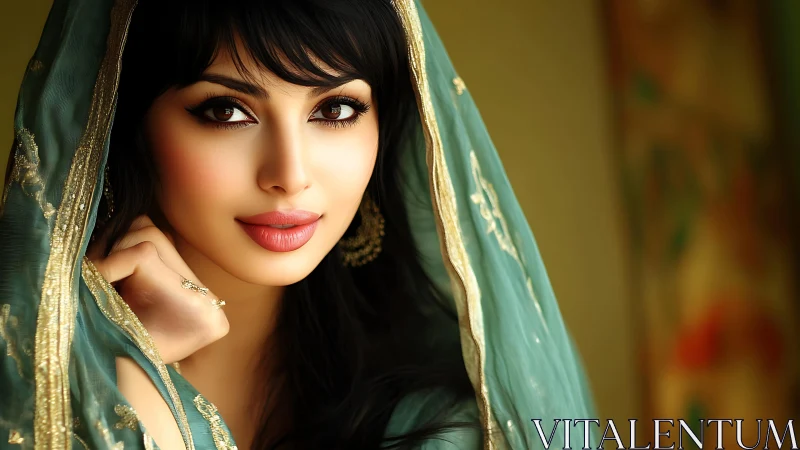 Soft teal veil and luminous gaze in gentle portrait.