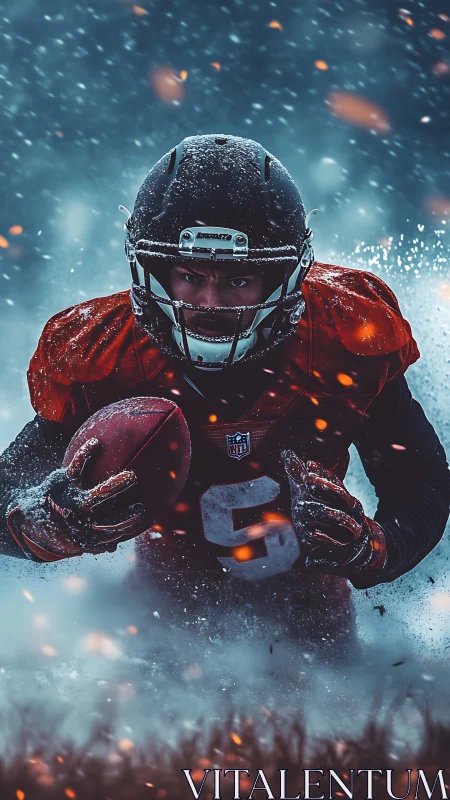 Blizzard-charged football runner driving forward through sparks.