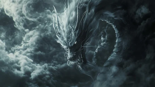 Stormlit ethereal dragon emerging through cinematic clouds.