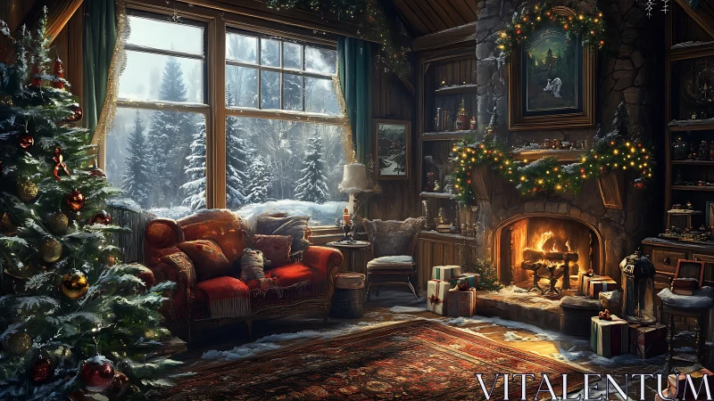 Snowy cabin Christmas hearth with glowing tree and gifts.