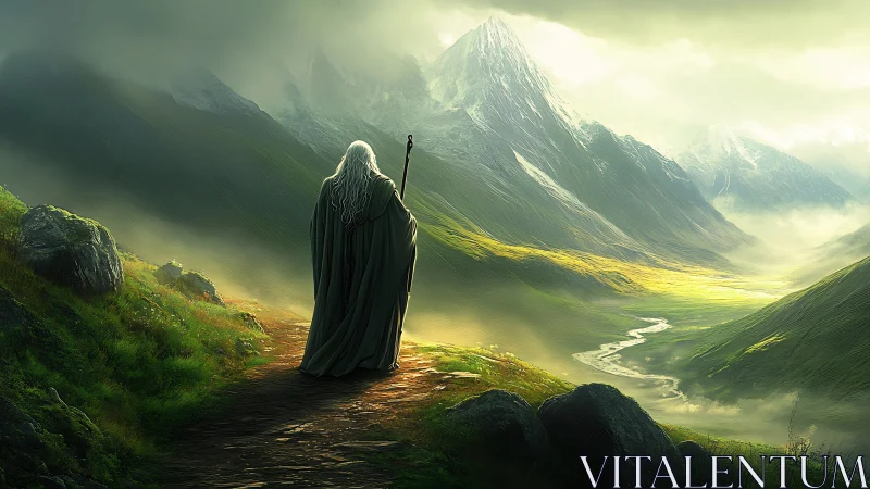 Wandering wizard follows a glowing path through misty peaks.