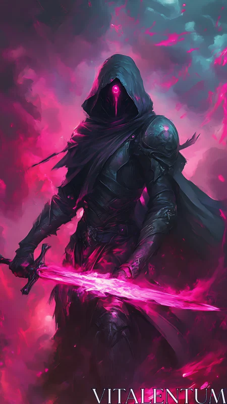 Hooded armored figure holds glowing pink energy sword