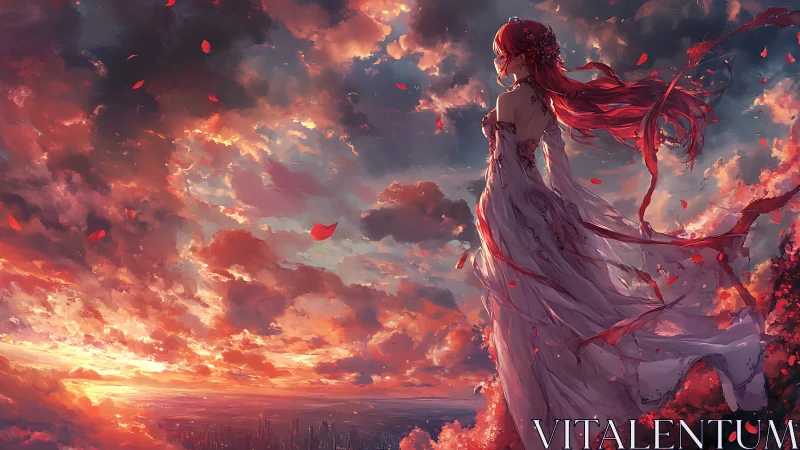 Red haired figure on cliff edge under dense sunset sky.