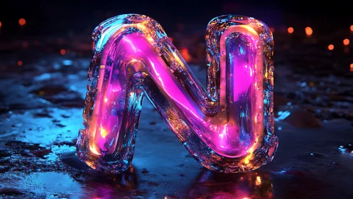 Neon glass letter N glows on a wet cyberpunk street
