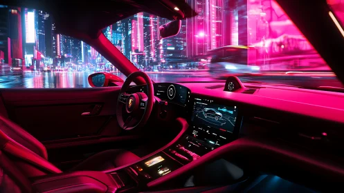 Futuristic sports car cockpit glows in neon cyber city night