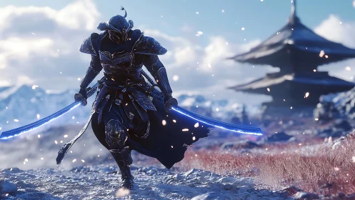 Armored cyber samurai with twin energy blades in snow.