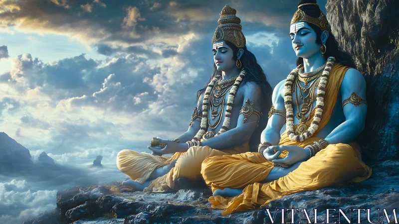 Divine blue figures meditating on mountain ledge above clouds.