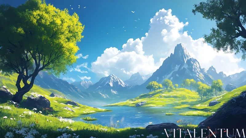 Sunny alpine valley encircles sharp snowcapped mountain peak