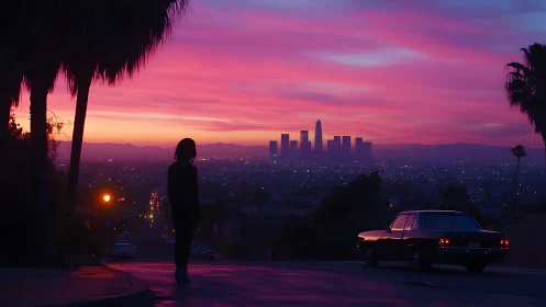 Quiet hillside evening over a neon-tinted city skyline.